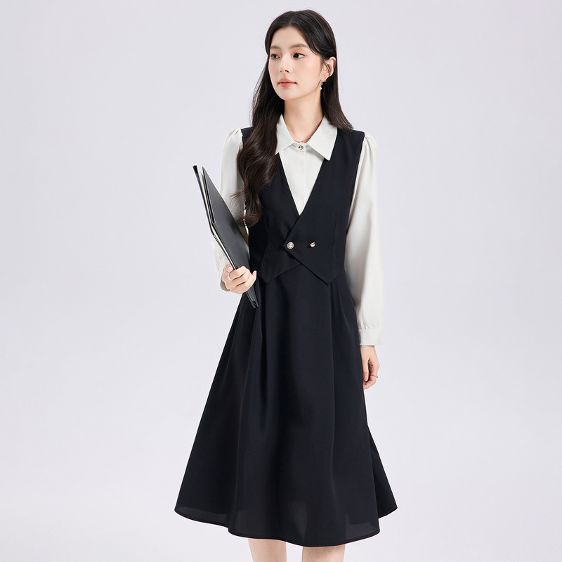 Summer New Style Formal Interview Dress for Petite Women, Faux Two-Piece Set, Teacher Outfit, Shirt Dress for Women