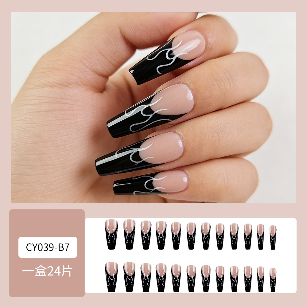 Comercio extranjero más vendido Y2K Hot Girl viento de vestir uñas negras rosadas líneas plateadas llama francesa 24 piezas de parche de uñas