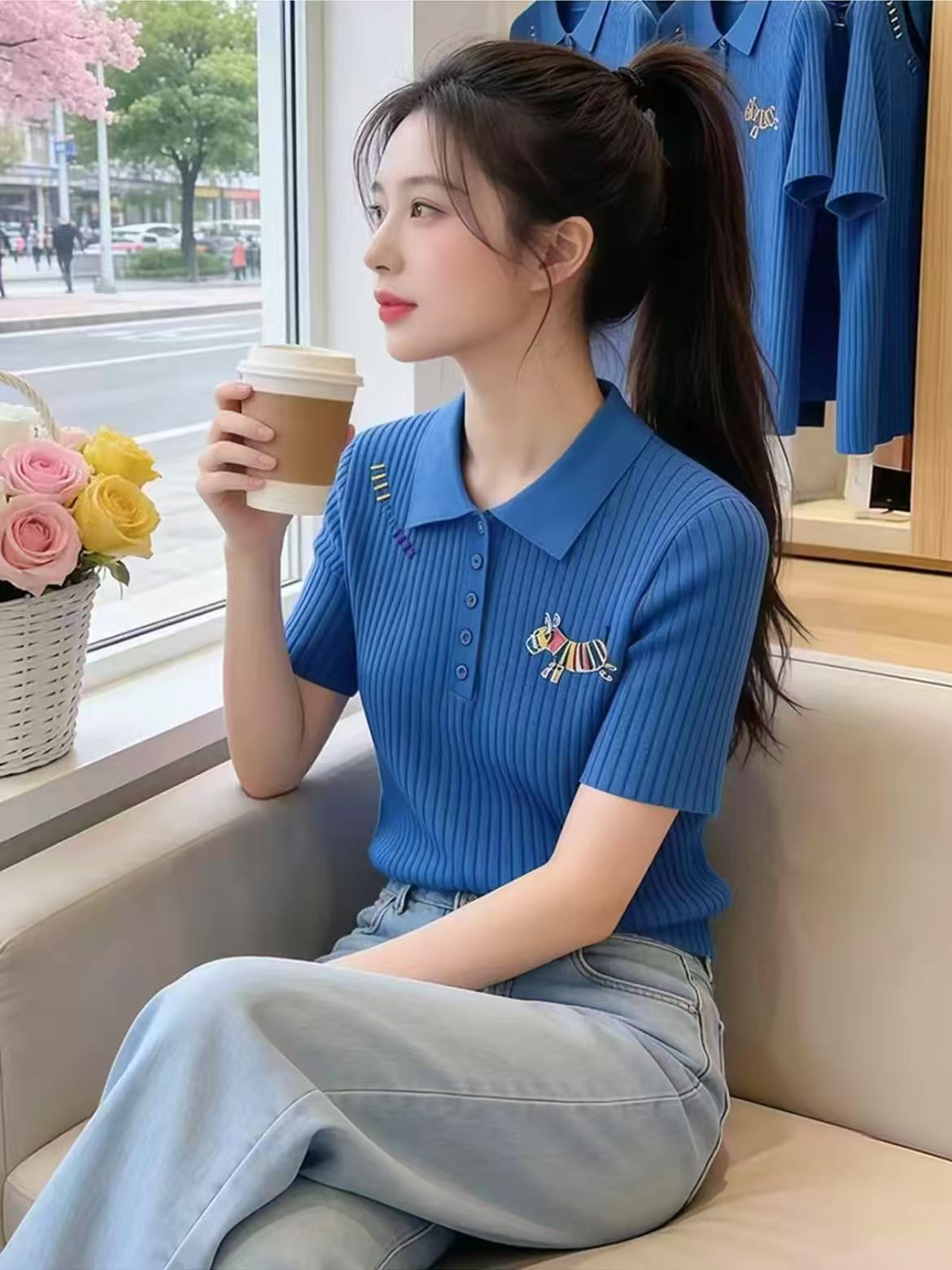 Áo thun polo nữ tay ngắn cổ bẻ họa tiết ngựa nhỏ cầu vồng — xanh lam