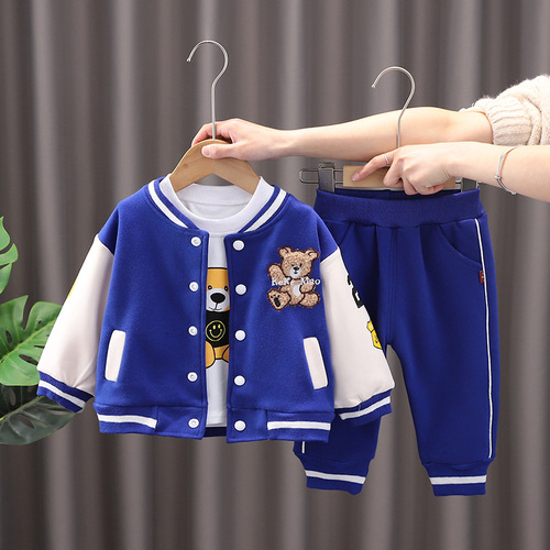 Children's outerwear new spring and autumn stylish cute cartoon bear three-piece set boys' baseball uniform hoodie children's clothing