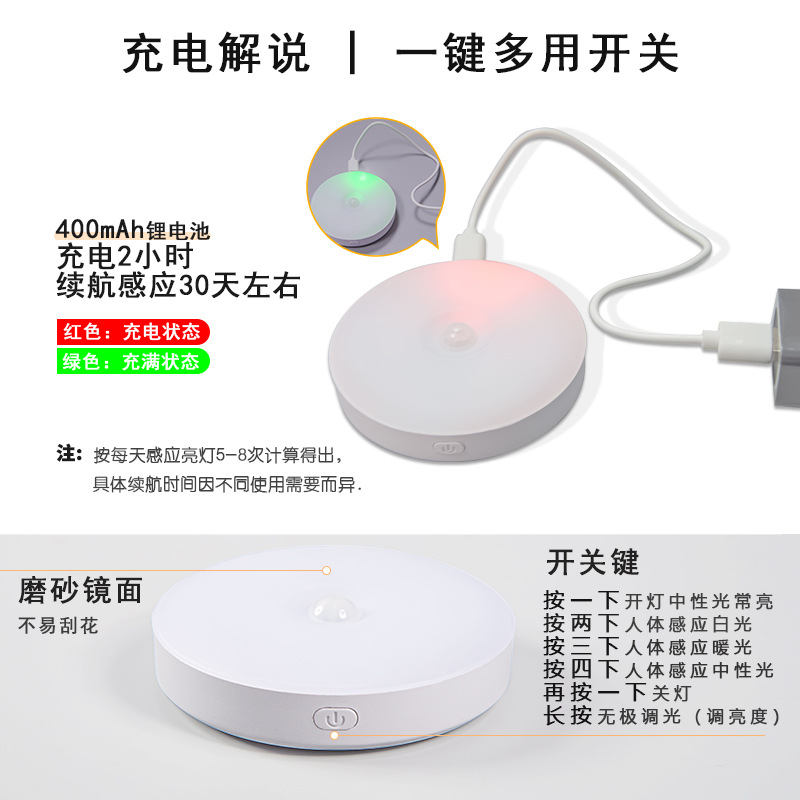 Inducción del cuerpo humano inalámbrico LED de carga de succión magnética esmerilado luz de noche inteligente armario luz de noche Luz de noche en casa