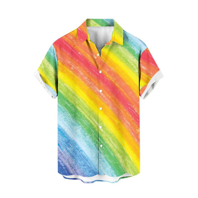 2024 Men's Spring New Foreign Trade Four-sided Collar Rainbow Print Hawaii Beach Casual Short-sleeved Shirt 2024 Men's Spring New Foreign Trade Four-sided Collar Rainbow Print Hawaii Beach Casual Short-sleeved Shirt