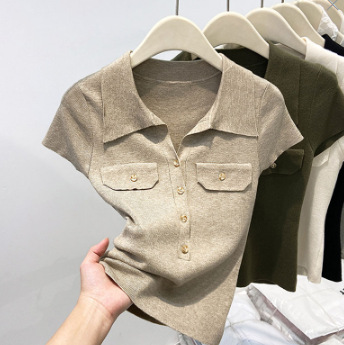 Women's Slim Fit Collared Knit Sweater Short Top Petite Fashionable Summer 2026 New Style Knitted Sweaters_ecoleips.com