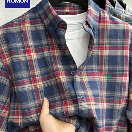 罗蒙品牌秋季新款磨毛格纹纯棉衬衫上衣复古百搭长袖格子衬衣男装