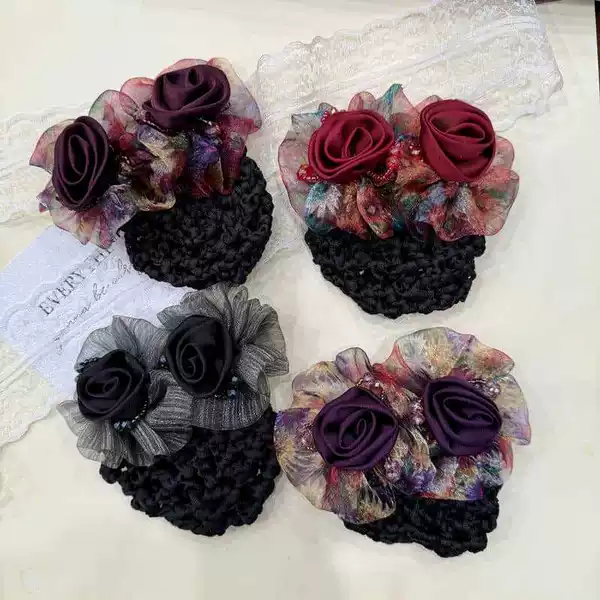 High-end temperament double-flower hair net spring hairpin female back of head ball head plate hairpin net pocket middle-aged head flower