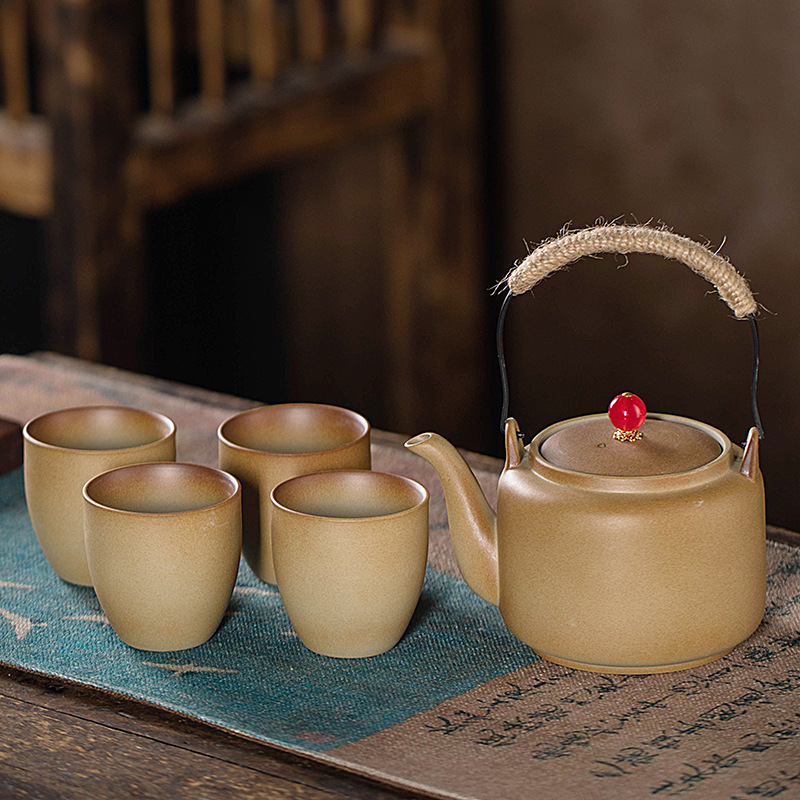 Juego de Té para Preparar con Carbón Vegetal, con Tetera de Cerámica Rústica Vintage, Tetera con Asa Lateral, Jarra, Estilo Chino para Exteriores y Hogar.
