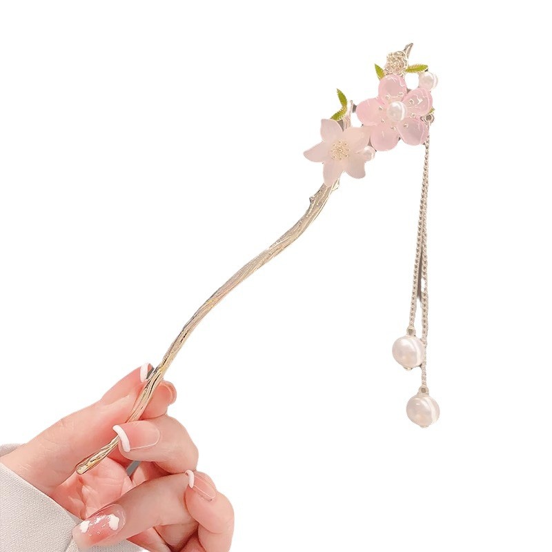 Peach blossom tassel hairpin women's new Chinese cheongsam Hanfu hairpin back head ancient style high-grade updo hair accessories