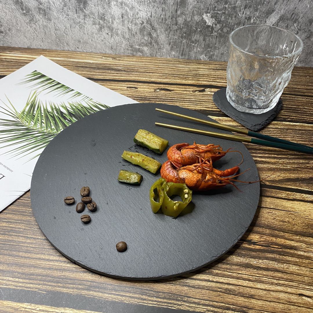 Europeo y americano ronda negro roca plato postre sushi placa occidental vajilla creativa barbacoa placa filete placa plana