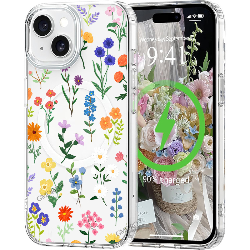 Colorful wildflower illustration magnetic phone case for Apple 18pm, new model, popular cross-border product, transparent and drop-resistant phone case Colorful wildflower illustration magnetic phone case for Apple 18pm, new model, popular cross-border product, transparent and drop-resistant phone case