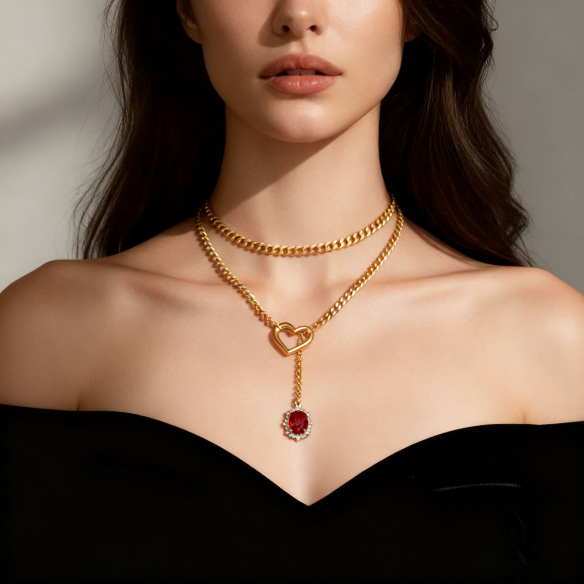 Vintage Layered Cuban Chain Necklace With Red Ruby Heart Pendant_voghion.com