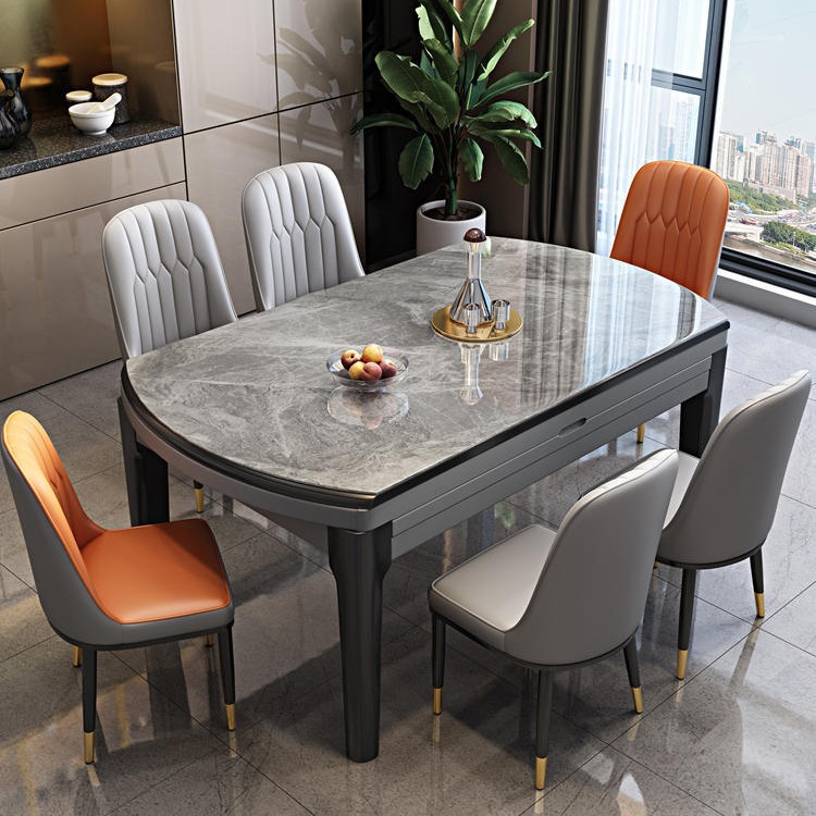 Rock Board Dining Table Light Luxury Table and Chair Combination Solid Wood Rock Board Household Small Apartment Modern Simple Retractable Round Table Dining Table