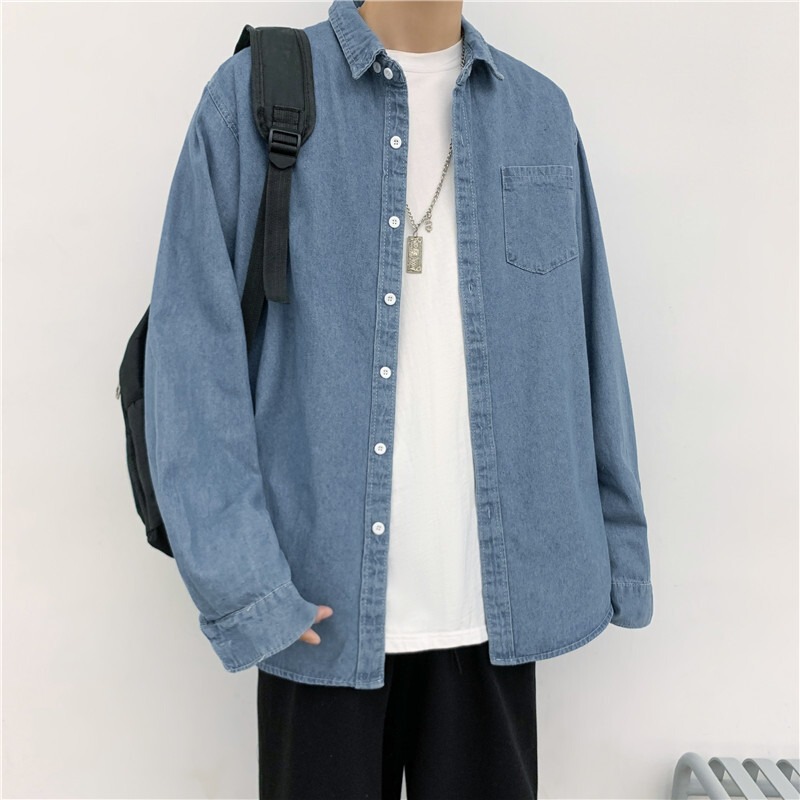 Harajuku Style Men's Denim Shirt Long-sleeved Hong Kong Style Casual Loose Spring and Autumn Shirt Men's Top Fashionable Jacket Harajuku Style Men's Denim Shirt Long-sleeved Hong Kong Style Casual Loose Spring and Autumn Shirt Men's Top Fashionable Jacket