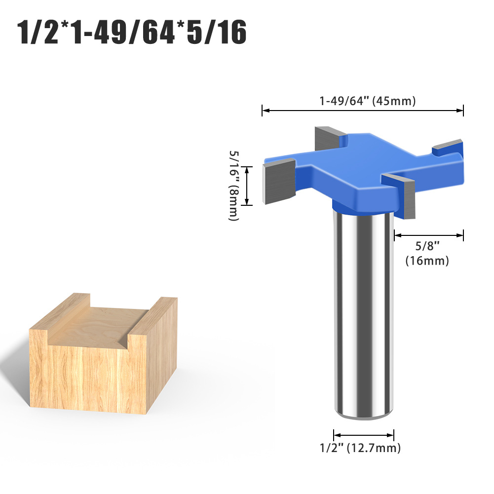 Cuchillo en forma de T de cuatro dientes de 6 dientes 1/2 mango Herramienta de carpintería de mango de 12mm Cuchillo de ranura en forma de T alargado Cuchillo de ranura Cortador de fresado en forma de T Cuchillo Tenon