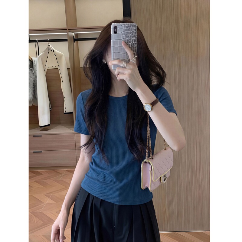 220g Premium Cotton Ribbed Fabric, 47% Viscose, 47% Cotton, 6% Spandex】Women's Short-Sleeve T-Shirt, New Summer Style, Slim Fit Ribbed Top 220g Premium Cotton Ribbed Fabric, 47% Viscose, 47% Cotton, 6% Spandex】Women's Short-Sleeve T-Shirt, New Summer Style, Slim Fit Ribbed Top