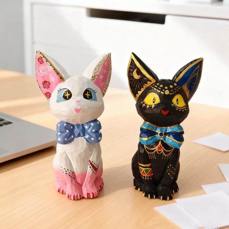 木雕吉吉猫摆件办公桌书桌电视柜茶几摆件装饰DIY白胚绘画创意|undefined
