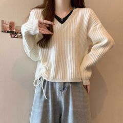 V领长袖针织衫毛衣女2025新款秋季时尚百搭宽松假两件抽绳上衣潮