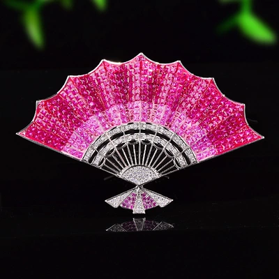 Aquamarine Crushed Ice Blue Fan-Shaped Brooch with Enamel Gradient Color, High-End Sparkle Brooch, Elegant Clothing Accessory (Yaxa sancaqları) - rose-red-xr16716