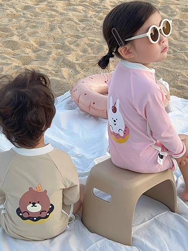 韩国新款儿童泳衣女童连体长袖防晒泳装ins男童婴幼儿游泳衣泳帽