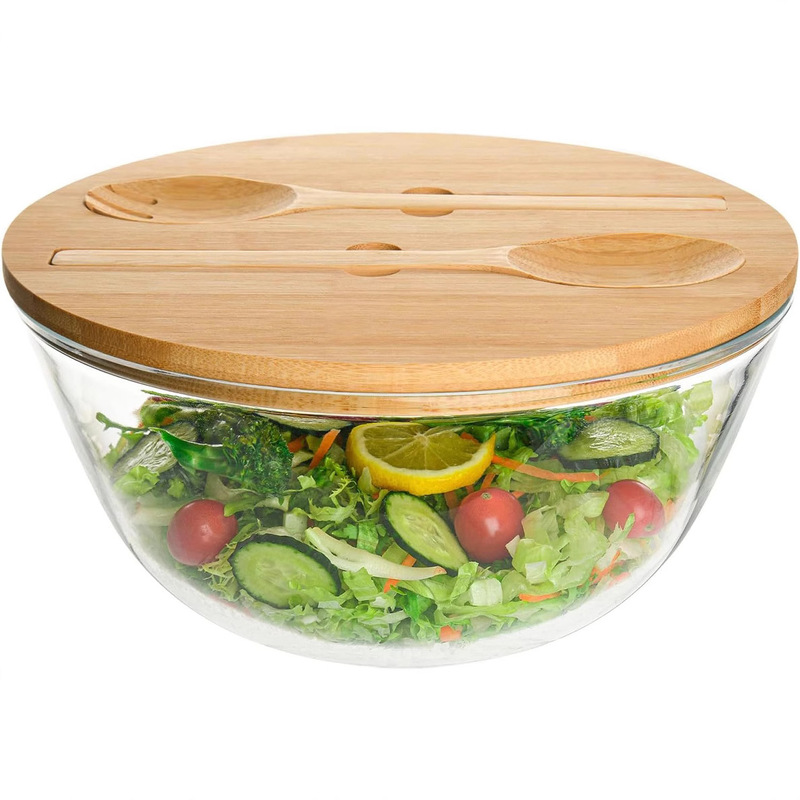 Simple Round Glass Large Bowl of Vegetable Salad Bowl with Bamboo Lid and Bamboo Fork and Spoon Cross-Border Patented High Borosilicate Microwaveable
