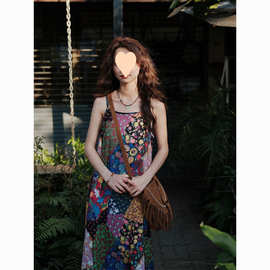 波西米亚吊带连衣裙民族风碎花裙复古文艺云南度假宽松吊带裙长裙