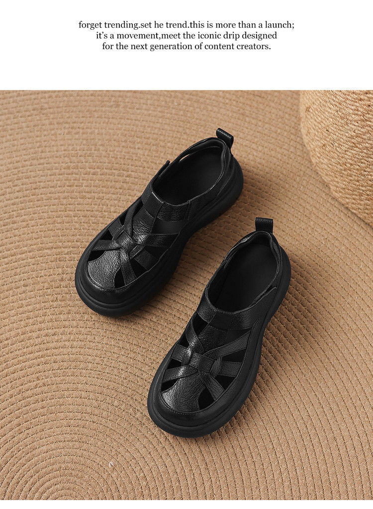 Sandal nữ đế dày da cừu phối quai ngang phong cách học đường — màu đen, màu trắng ngà chi tiết 13