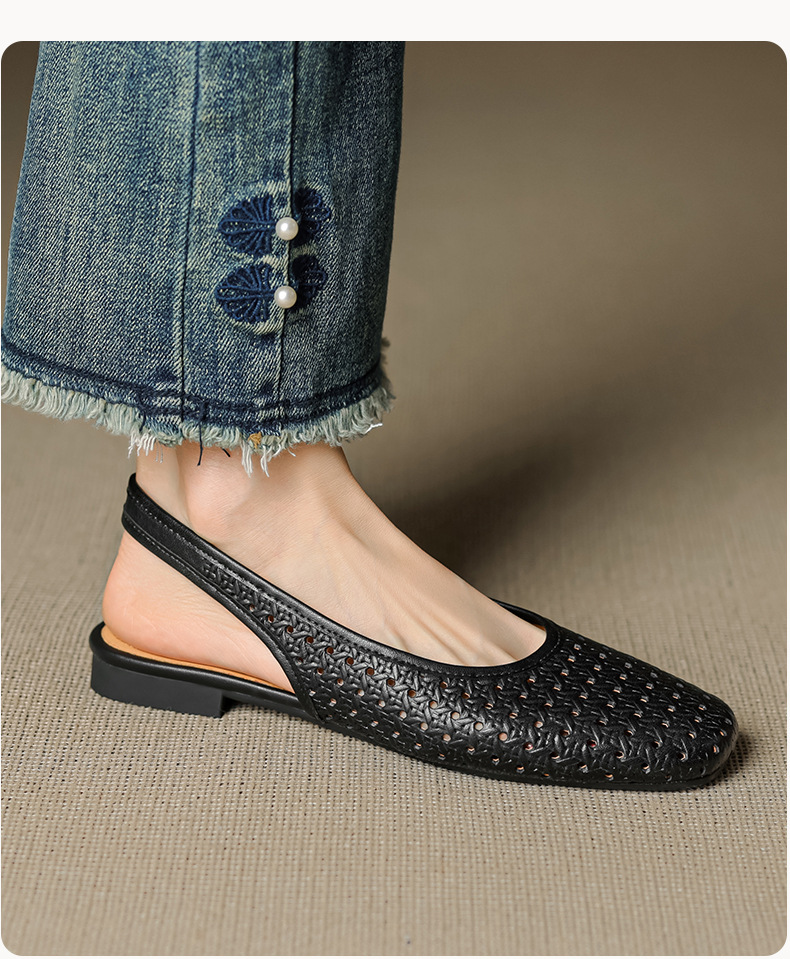 Sandal nữ đế bệt mũi bọc da bò, quai sau hở, phong cách vintage đan lỗ — đen chi tiết 17