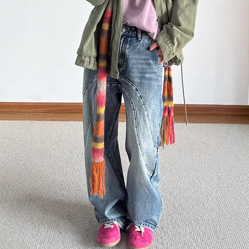 European and American style split machete crotch jeans street trendy heavy industry arc mid-waist distressed washed straight trousers