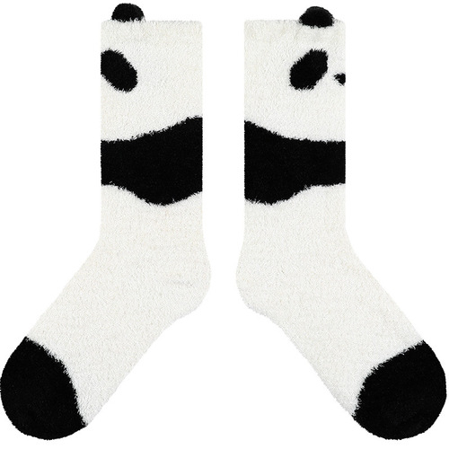 Black and white panda socks for women cute cartoon cotton socks for women versatile furry non-slip sweat-absorbent mid-calf socks floor socks