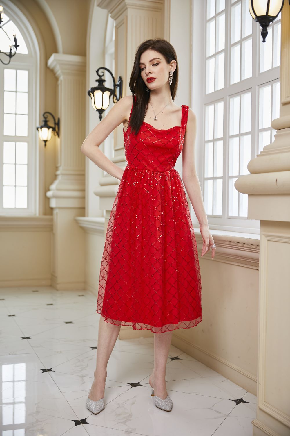 El comercio exterior de Europa y América nuevo vestido de Amazon sin mangas Delgado lentejuelas rojo banquete vestido rojo Vestido corto