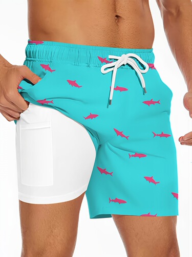 men's Shark Pattern 2 In 1 Board Shorts With Drawstring And