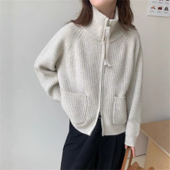 高领双拉链简约纯色口袋休闲针织开衫女秋冬韩版宽松百搭毛衣外套