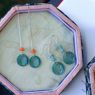 Natural A Goods Jade Blue Water High Ice Buddha Face Earrings Yin Carved Craft Jade S925 Silver Earrings Women's Earrings