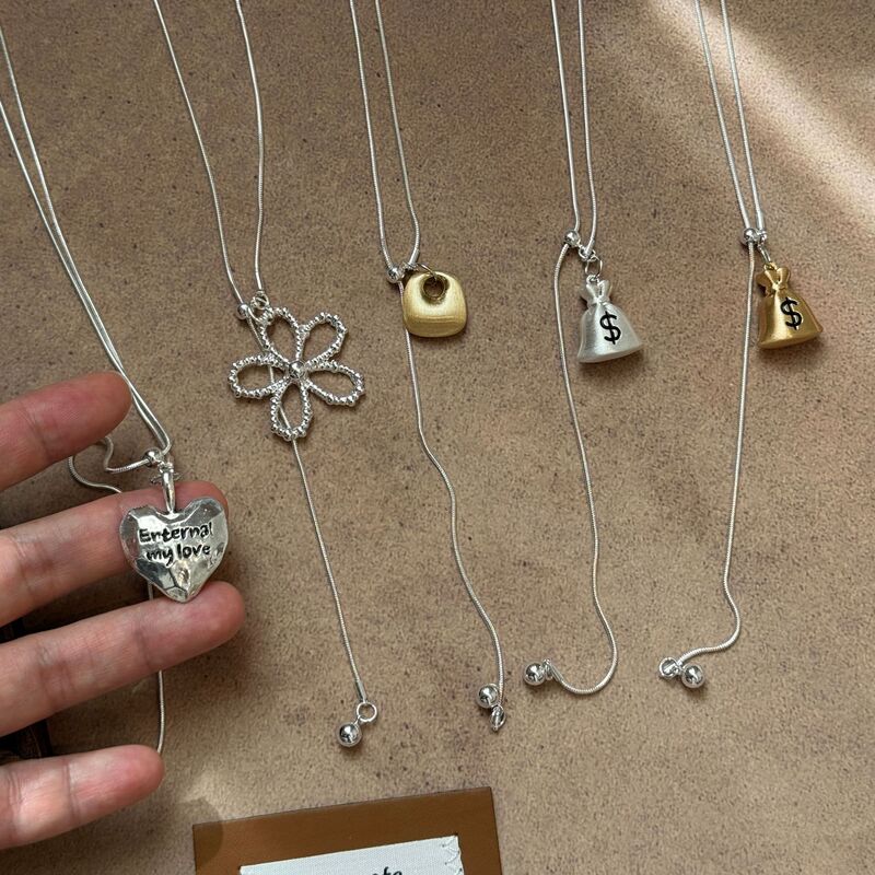 Brushed Silver Money Bag Pendant Necklace, New Design, Same Style as Instagram Bloggers, Silver Flower Long Pull-Out Sweater Chain