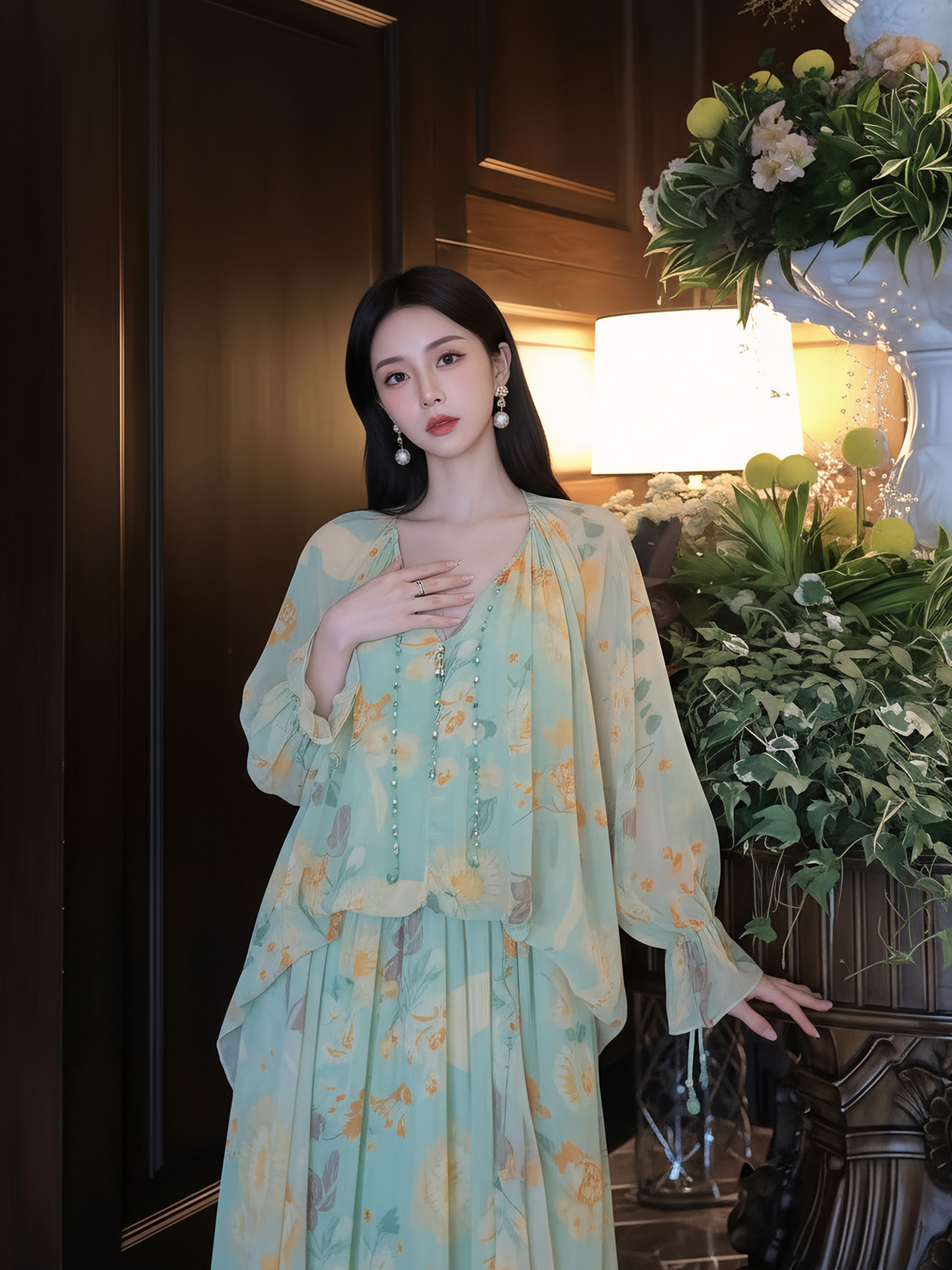 Đầm maxi nữ thắt eo phong cách Tân Trung Hoa in họa tiết thiết kế giả hai lớp — Thiên Thanh