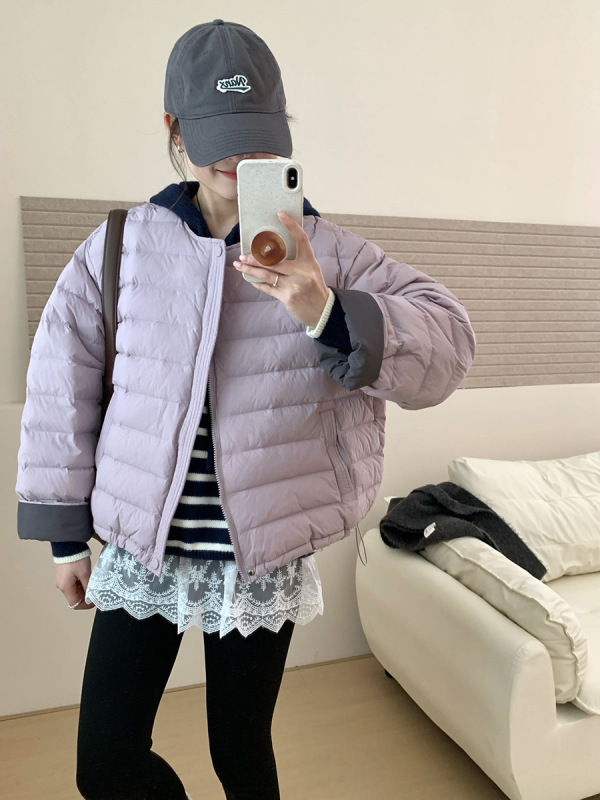 撞色圆领羽绒服女短款2025冬季甜美韩系小个子白鸭绒保暖排骨外套|undefined