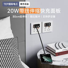 国际电工家用墙壁86型20W快充USB插座开关面板带伸缩数据线Type-c