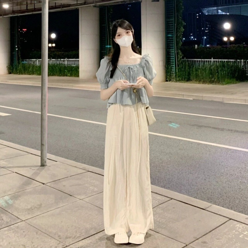 韓国風ファッショナブルなフリルトップ女性の夏フレンチスタイルプリーツパフスリーブベビードールワイドレッグパンツツーピーススーツ|undefined