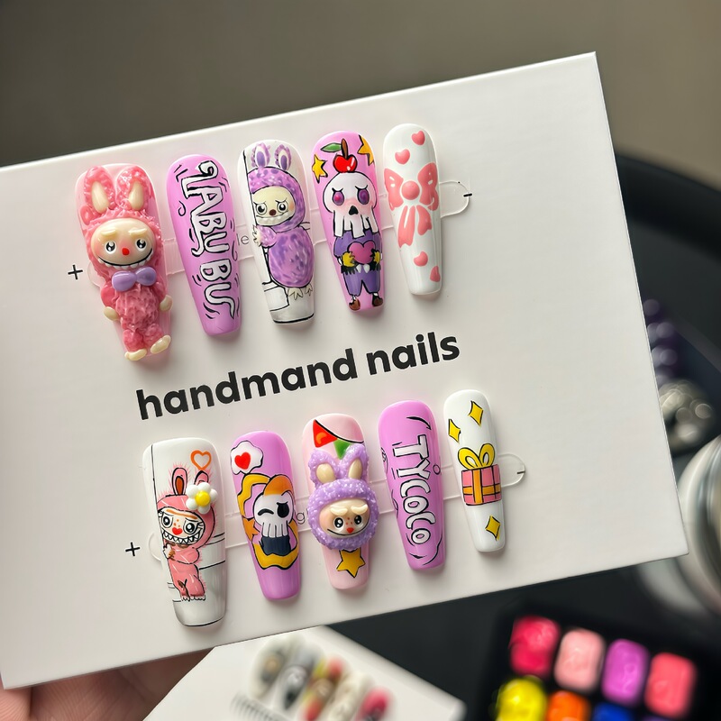 Fire-Themed Color Series Labubu Squishy Pure Hand-Painted Wearable Nails Cute Romantic Cartoon Labubu Long Personalized Nail Art
