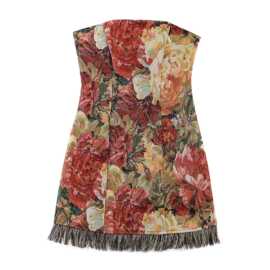 亚马逊批发春季新款女装套头直领花朵油画抹胸流苏装饰短款连衣裙