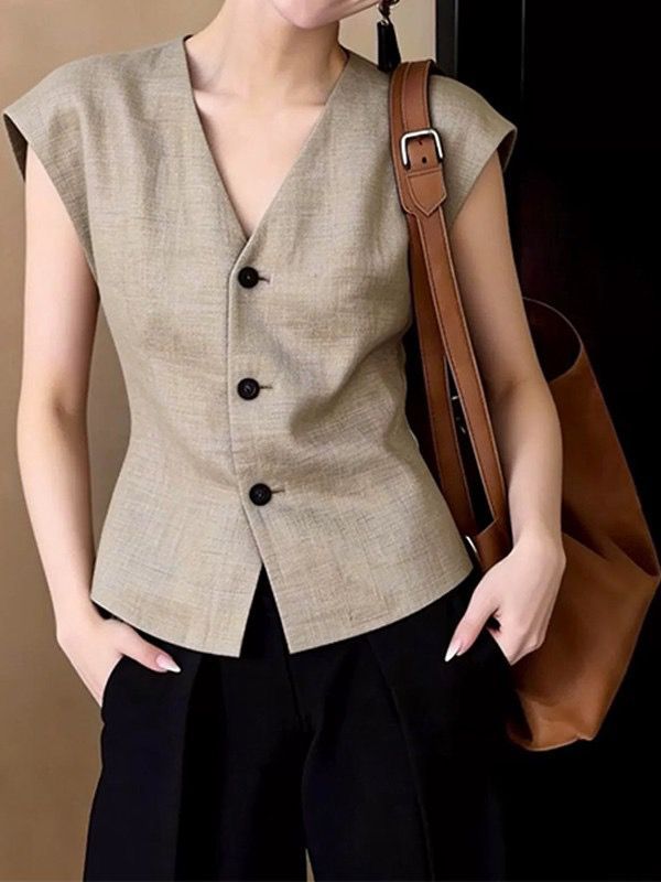 Áo vest gile nữ không tay công sở kiểu mới mùa xuân hè — màu kaki