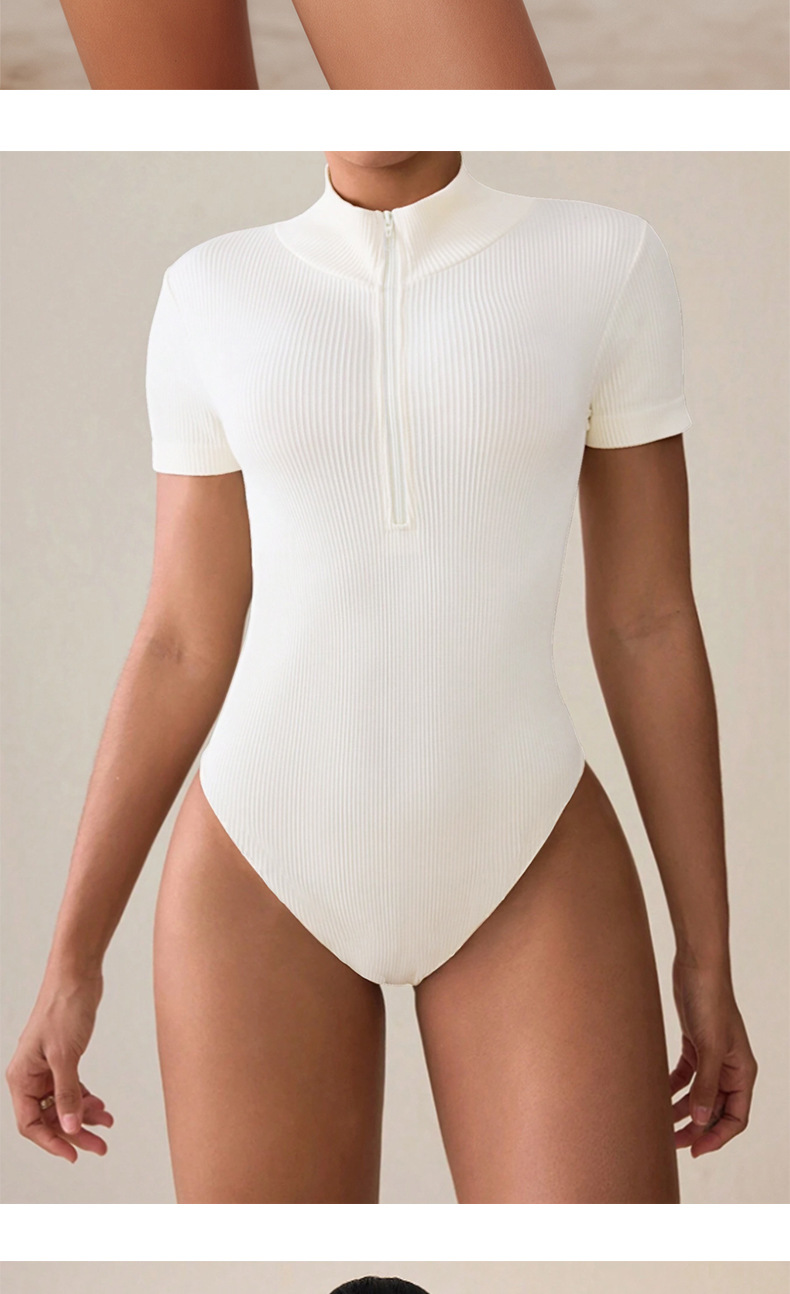 Summer Sports Ribbed Short-sleeve Zippered Jumpsuit Women, Suitable For Layering Or Outerwear,_ecoleips.com
