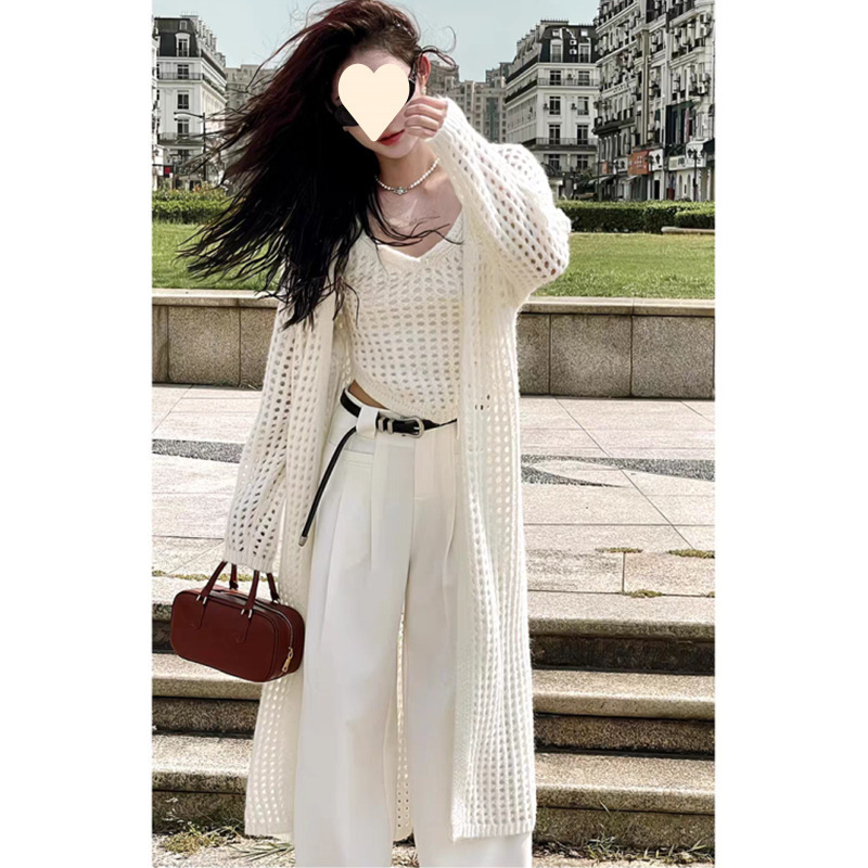 Korean Style High-End Outer Knitted Cardigan Vest Two-Piece Set for Women Cut Out Mid-Length Top Thin Jacket Blouse
