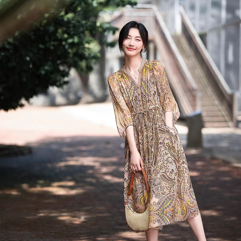 "Paisley" Style Slimming Silk Printed Dress with a Cinched Waist, Mid-Length 80106