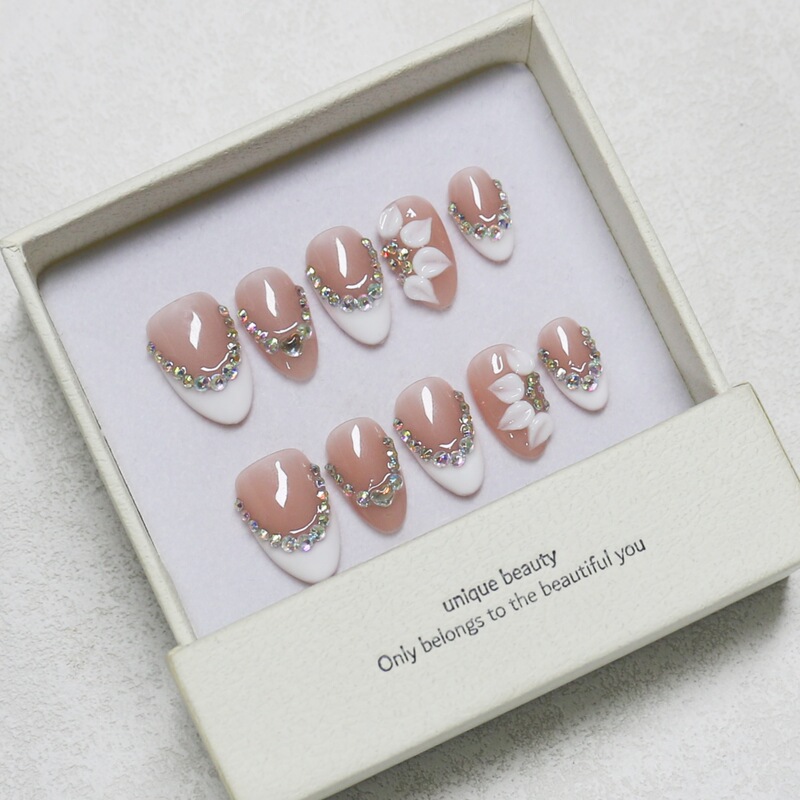 New French-Style Small Diamond Almond-Shaped Wearable Nails, Pure Handmade High-Quality Three-Dimensional Carved Small Diamonds, Gentle Style Nail Stickers New French-Style Small Diamond Almond-Shaped Wearable Nails, Pure Handmade High-Quality Three-Dimensional Carved Small Diamonds, Gentle Style Nail Stickers