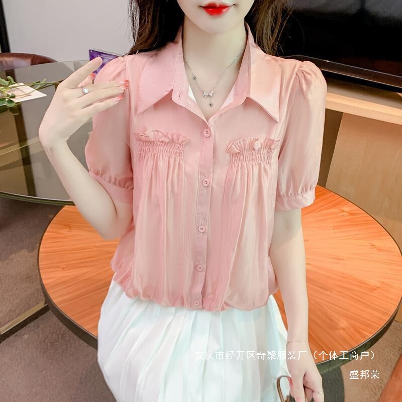 Shengbangrong 半袖シフォンシャツ女性用 2025 新しい夏痩身お腹カバー西洋スタイル年齢軽減デザイン S|undefined