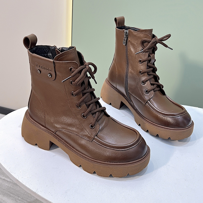 ShoeVault First Layer Cowhide Martin Boots For Women, Autumn And Winter Vintage British Style Casual Short Round Toe Mid-Calf_vogvips.com