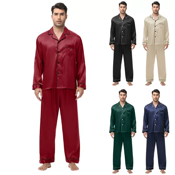 Amazon cross-border long-sleeved pajamas men's spring new silk Ice Silk Korean style men's home wear suit can be worn outside