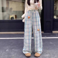 多巴胺休闲格子裤女春秋宽松高腰慵懒感拖地小个子直筒裤显腿长
