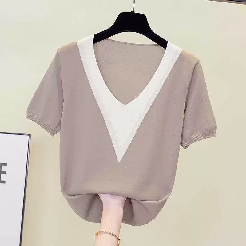 Summer knitted sweater, T-shirt, V-neckline, plus size, with short sleeve