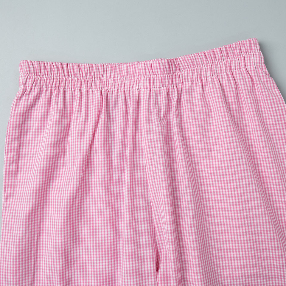 Bộ đôi áo sơ mi tay dài bèo nhún và quần dài kẻ caro cotton — hồng chi tiết 13